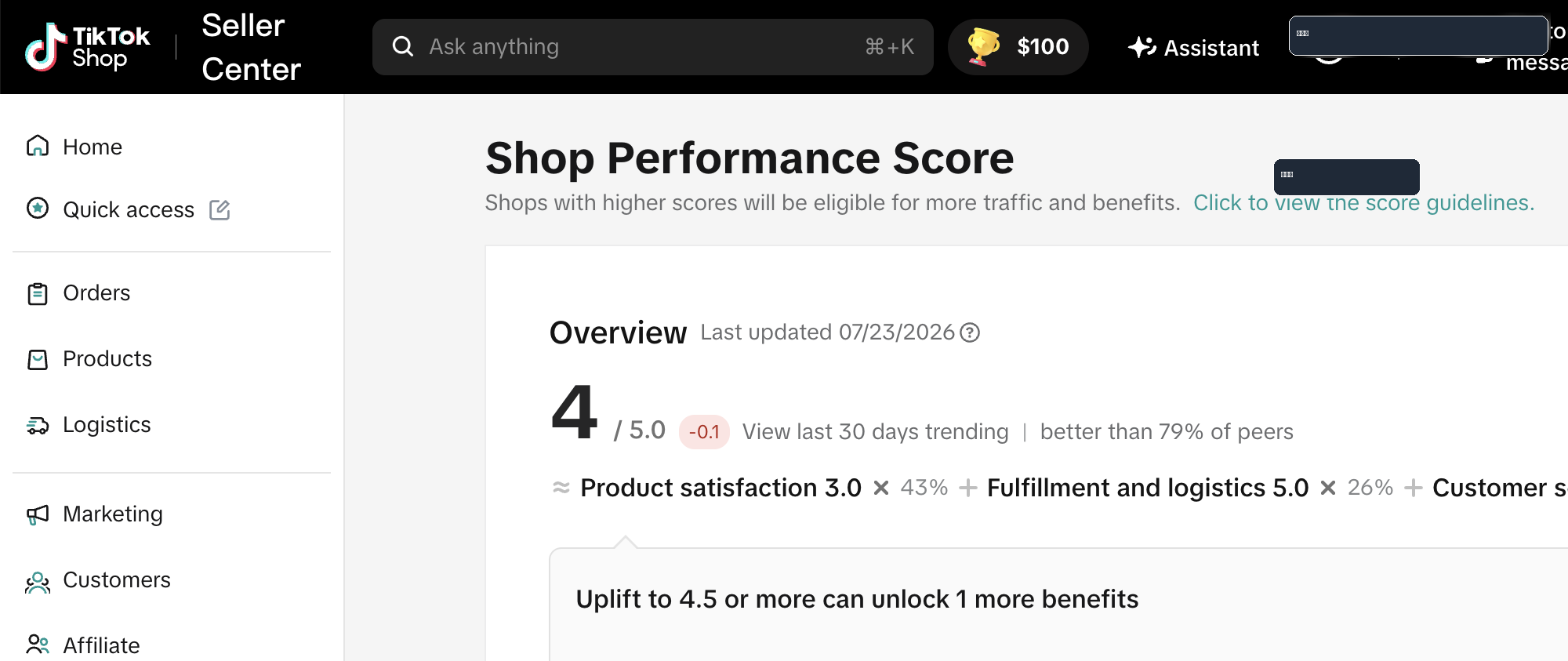 打码后的 Shop Performance Score 总览截图